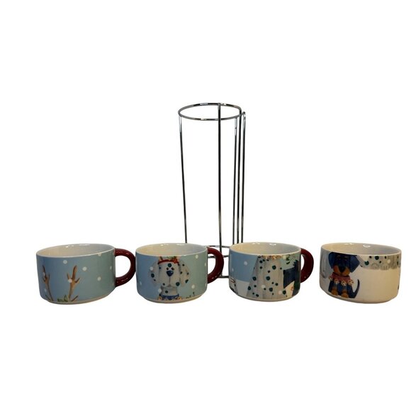 Pier 1 Imports Set-4 Stackable Christmas Winter Doggie Theme Coffee Cups 8 oz - Picture 5 of 8